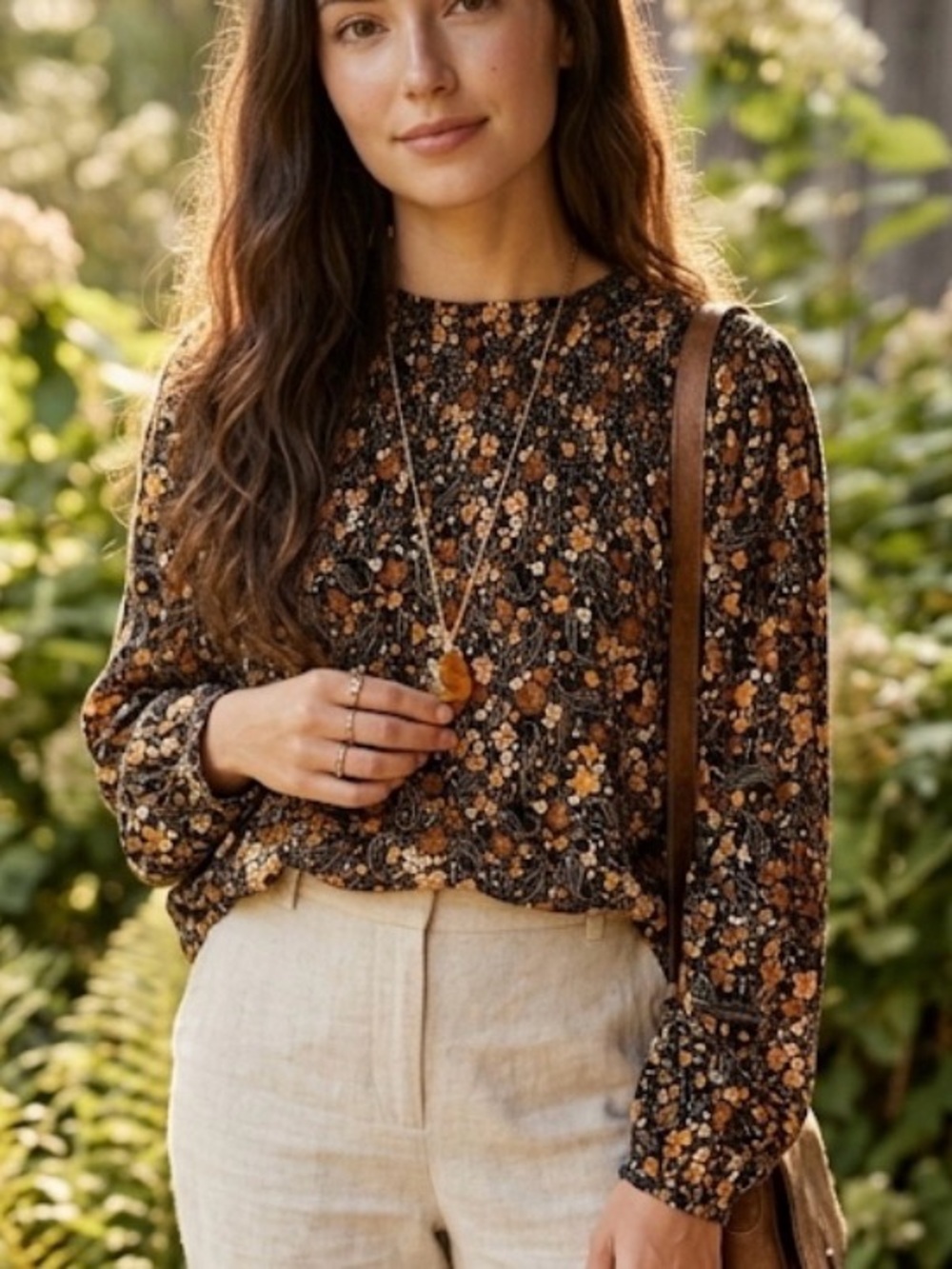 J. Jill Black Floral Smocked Keyhole Career Elecated Casual Top BlouseSize‎ L